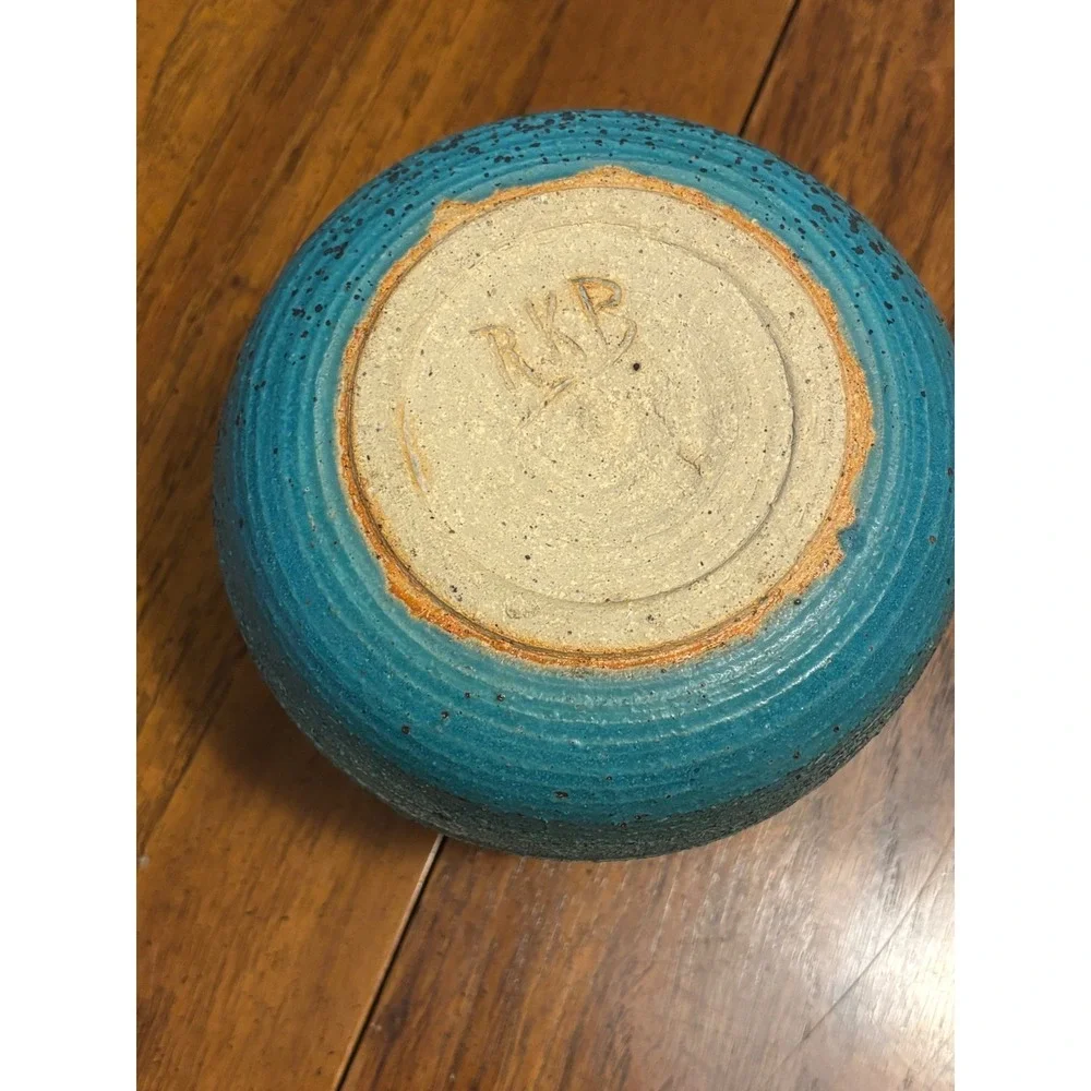 Stoneware Pottery Turquoise Blue Ribbed Textured‎ Vase Pot Signed Brutalist 5.5